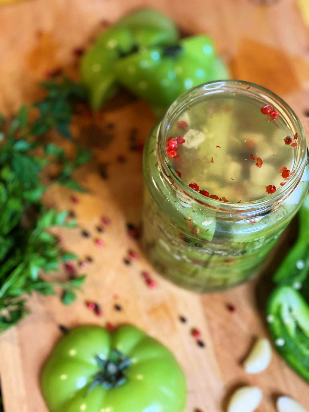 Hot Pickled Green Heirloom Tomatoes