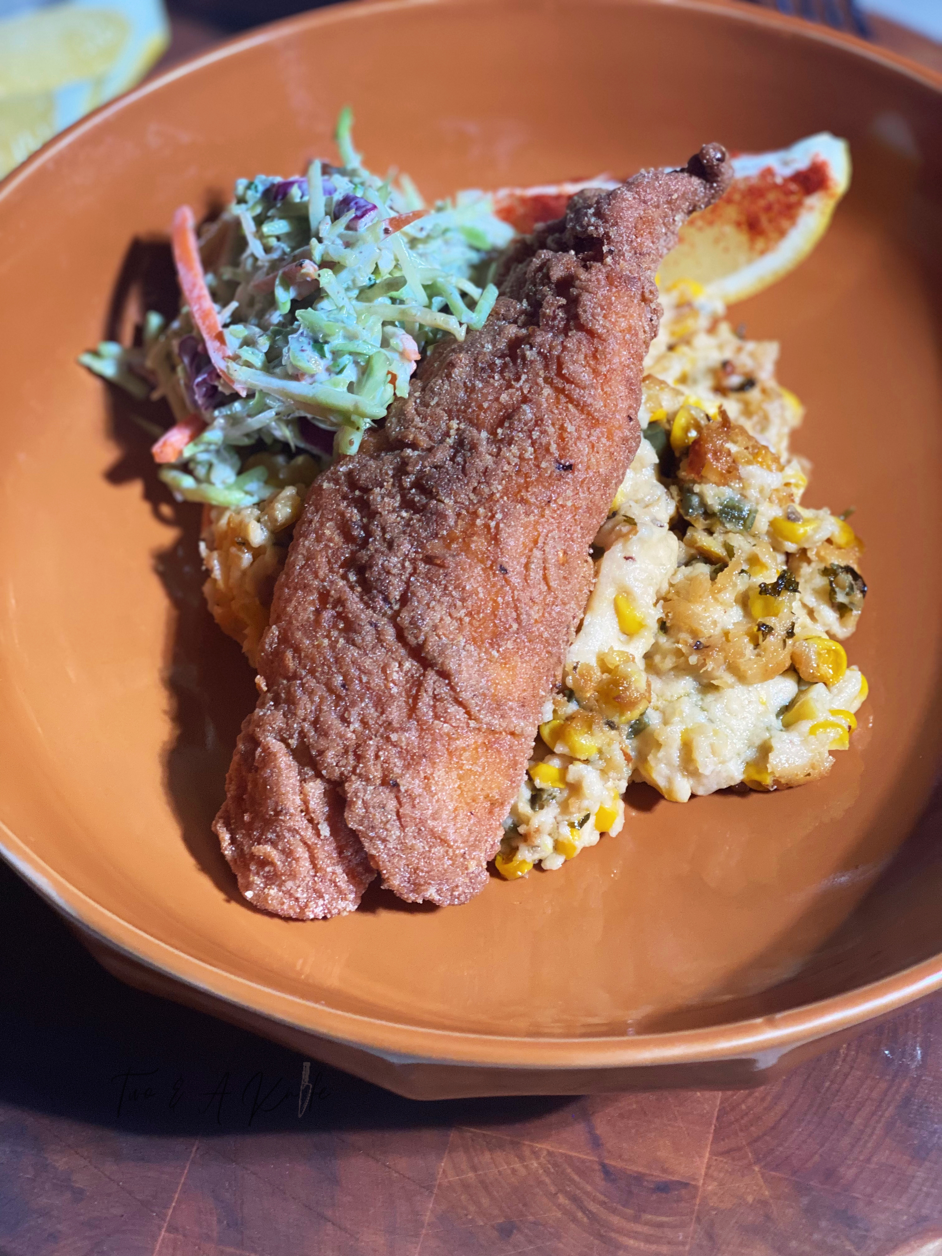 Crispy Fried Tilapia Loin with Buttery Corn Casserole