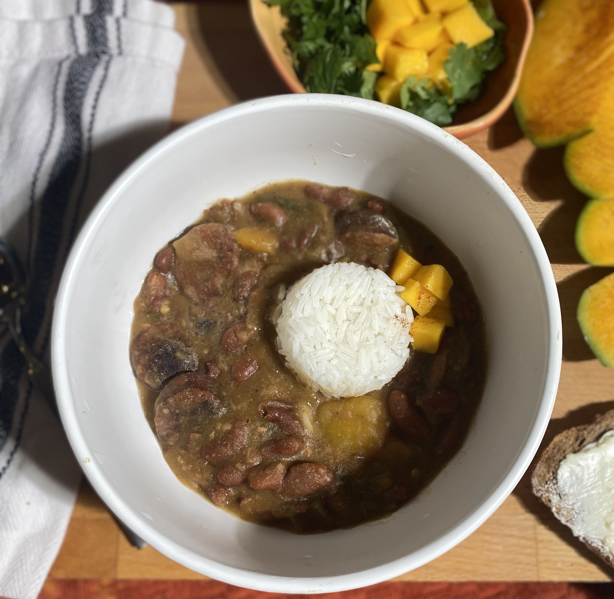 overhead shot of the bowl of red beans and spicy mango